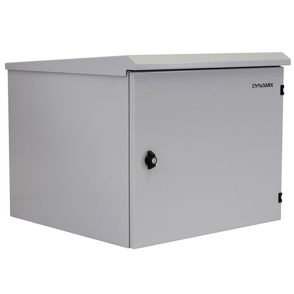 DYNAMIX 9RU Outdoor Wall Mount Cabinet. External Dims 611x425x515 IP65 rated. Lockable front door. No fans or filters. Wall mount included. Made from rolled steel.