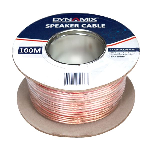 DYNAMIX 100m 14AWG/2.08mm Speaker Cable, OFC 42/0.25BCx2C, Clear PVC Insulation, OD: 3.5 7.0mm. Meter Marked