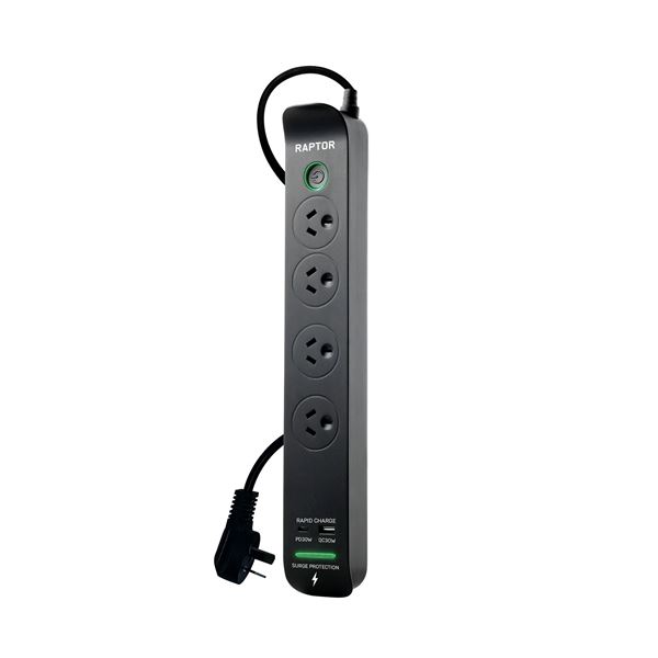 JACKSON 4-Way Raptor Powerboard with Surge & Overload Protection. Push Button LED On/Off Indicator Switch. Rapid Charge 30W USB Type-C PD & 30W USB Type-A. Surge Diagnostic LED.