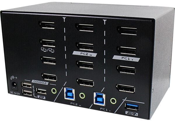 REXTRON 2 Ports 8K Quad Monitor DisplayPort 1.4 KVM Switch With USB 3.2 Gen 1, Audio, Hotkey Control.