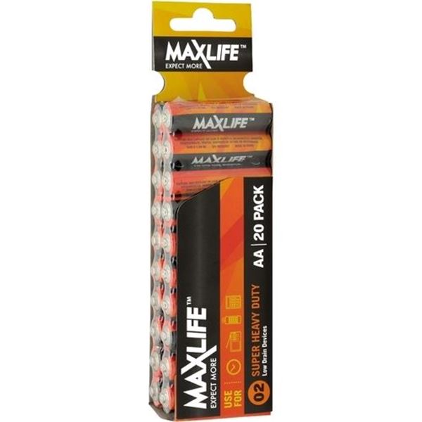 MAXLIFE AA Super Heavy Duty Battery 20 Pack Long Lasting Carbon Zinc Formula. Designed For Everyday and High Drainage Devices. Long Shelf Life. No Mercury.