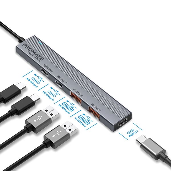 PROMATE 4-in-1 USB Multi-Port Ultra Compact Hub with USB-C Connector. Includes 2x USB-A 10Gbps Ports & 2x USB-C 10Gbps Ports, Supports USB 3.2, Compatible with both Win & Mac OS & OTG Devices. Grey Colour