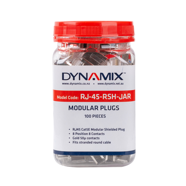 DYNAMIX Cat5E Modular Shielded Plugs in 100pc Jar. For Stranded Round Cable, 8P8C Internal Ground Shielded, Modular Gold 50u Micron Contacts. STOCK CLEARANCE SALE Up to 50% OFF