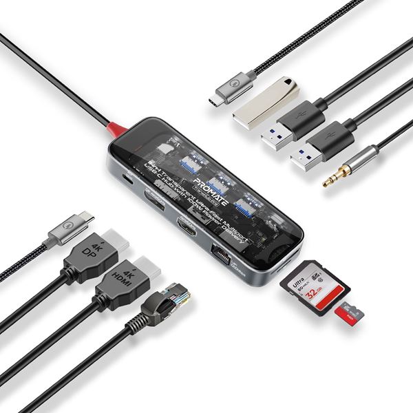PROMATE 11-in-1 USB Multi-Port Hub with USB-C Connector. Includes 100W PD, Dual Monitor Port (4K HDMI Port and 1080 VGA Port) RJ45 Port, USB-A 3.0/2.0 Ports, AUX, SD/TF Card Reader. Transparent