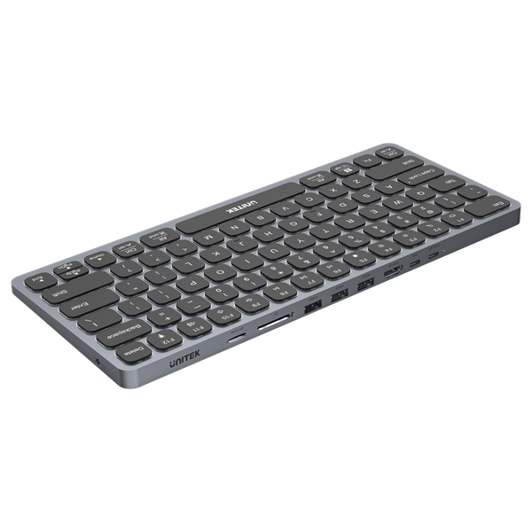 UNITEK 9-in-1 Hub with Keyboard. Back Light & Ergonomic Design. Inludes 3x USB-A Ports, 1x HDMI Port, USB-C PD 100W Port, SD/Micro SD Card Slot, 3.5mm Audio. Supports 4K@60Hz UHD, 5Gbps SuperSpeed.