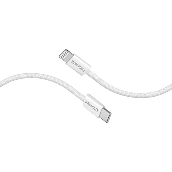 PROMATE 1.2m 27W PD USB-C to Lightning Connector Cable. Fabric Braided Cable, 25000 Bend Lifespan, White Colour
