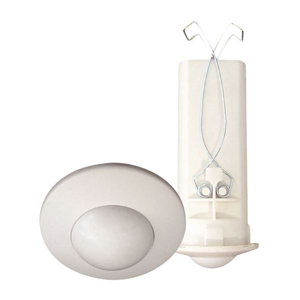 HOUSEWATCH 360 Degree Mini Presence Detector with Dimming Control. IP40 Detector, IP20 Power Box. 8m Diameter Detection Range at 2.5m High. Cutout diameter: 33mm. Time Adjustment. White Colour.