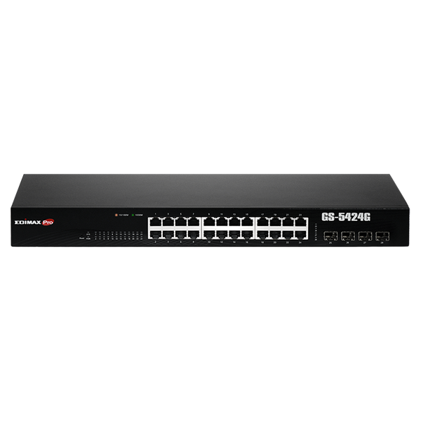 EDIMAX 24 Port Gigabit Long Range Web Smart Rack-mount Switch. With 4 SFP. Extended data delivery distance of up to 200m. Voice VLAN. DHCP Snooping. Array architecture.