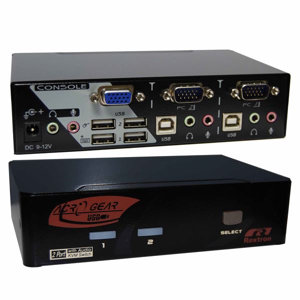 REXTRON 1-2 Automatic VGA/USB KVM Switch. Share 1x USB Keyboard/Mouse & VGA Video with 2x CPU''s. Mic & speaker audio ports. 4x USB Hub for sharing peripherals between computers. Hot Key Support.