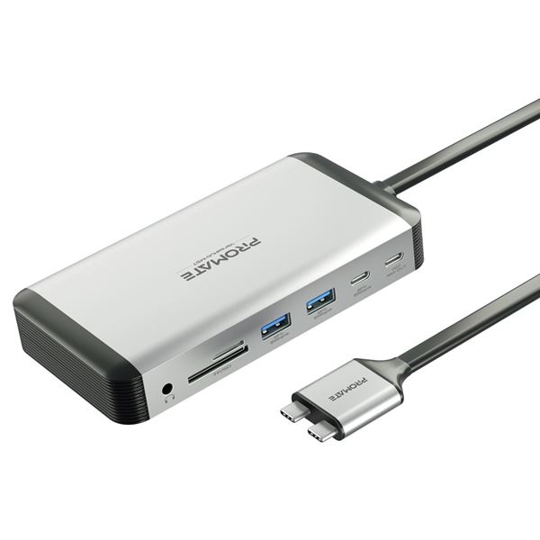 PROMATE 12-in-1 Multi-Port Hub USB-C Connector. Includes 4x USB-A & 2x USB-C Ports, 2x HDMI Ports, 1x RJ45 Gig Port, 1x Aux, SD/TF Card Slots, Supports 100W PD. Silver/Black Colour.