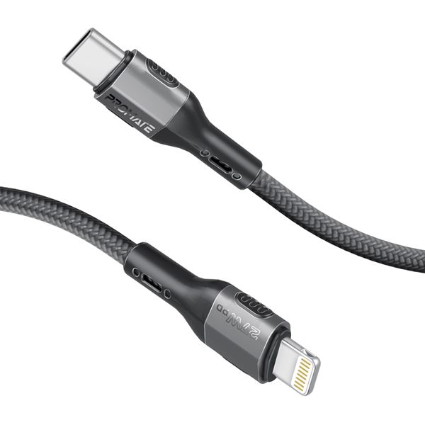 PROMATE 1.2m 27W PD USB-C to Lightning Tough-Built Cable. Supports up to 480Mbps, Super Slim Connectors, Tangle Free Soft Silicone. Black