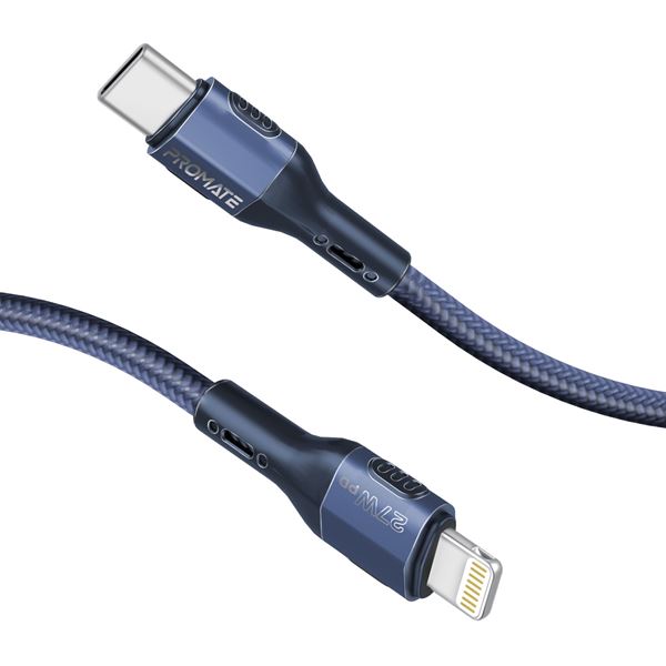 PROMATE 1.2m 27W PD USB-C to Lightning Tough-Built Cable. Supports up to 480Mbps, Super Slim Connectors, Tangle Free Soft Silicone. Blue