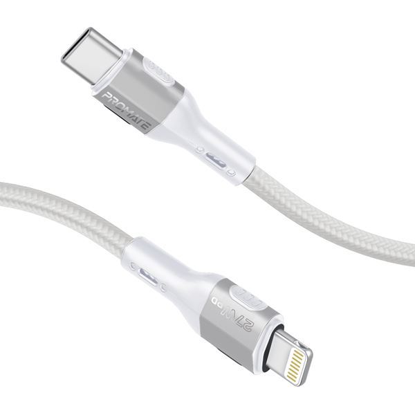 PROMATE 1.2m 27W PD USB-C to Lightning Tough-Built Cable. Supports up to 480Mbps, Super Slim Connectors, Tangle Free Soft Silicone. Grey