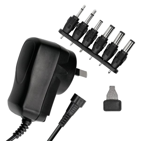 DYNAMIX 60V Universal AC/DC power Adapter with 6x Detachable Interchangeable Connector Plugs. Supports 3.0/4.5/5.0/6.0V 1.0A;7.5V 0.9A 9.0V 0.8A;12.0V 0.6A; 3.0W (min.) 7.2W(max.) 1.8m Cable.