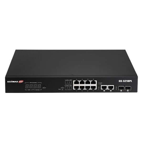 EDIMAX 12 Port Surveillance Long Range Gigabit PoE+ Web Smart Switch with 2 Gigabit RJ45 & 2 SFP Ports. Max Power Budget 110W. Supports PoE up to 200m. IEEE 802.3af/at PoE Compliant. IP Surveillance VLAN