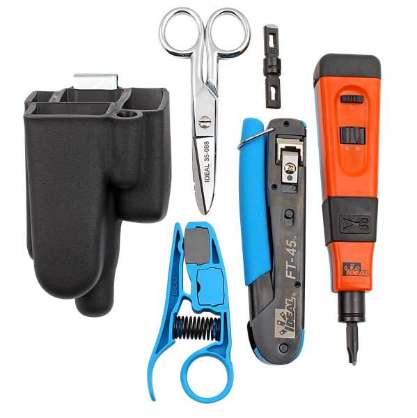 IDEAL INDUSTRIES Twisted Pair Termination Hip Kit for Cat5e, Cat6 and Cat6A Modular Plugs. Includes Crimp Tool, Punch Down Tool, Stripper, Scissor and Pouch with Clip.