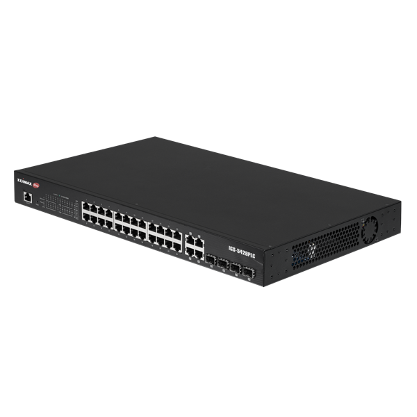 EDIMAX Industrial Surveillance VLAN 28-Port Gigabit PoE+ Web Smart Switch. 24 Gigabit Ethernet Ports, 4 Gigabit RJ45 and 4 SFP Combo Ports. PoE up to 200m at 10Mps. Supports up to 30W per Port.