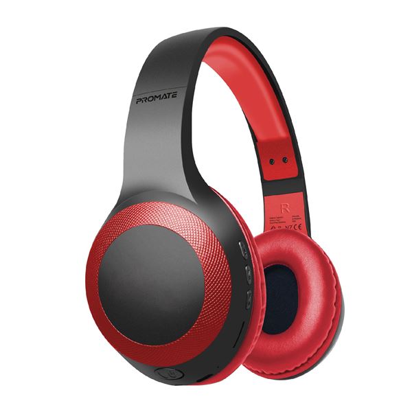 PROMATE Deep Base Bluetooth V5.0 Wireless Over-ear Headphones. Up to 5 Hours Playback, Built-in 200mAh Battery. 10m Operating Distance. Exceptional hi-res Driver Black/Red Colour.
