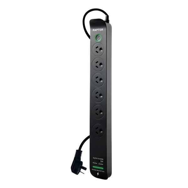 JACKSON 6-Way Raptor Powerboard with Surge & Overload Protection. Push Button LED On/Off Indicator Switch. Rapid Charge 30W USB Type-C PD & 30W USB Type-A. Surge Diagnostic LED.