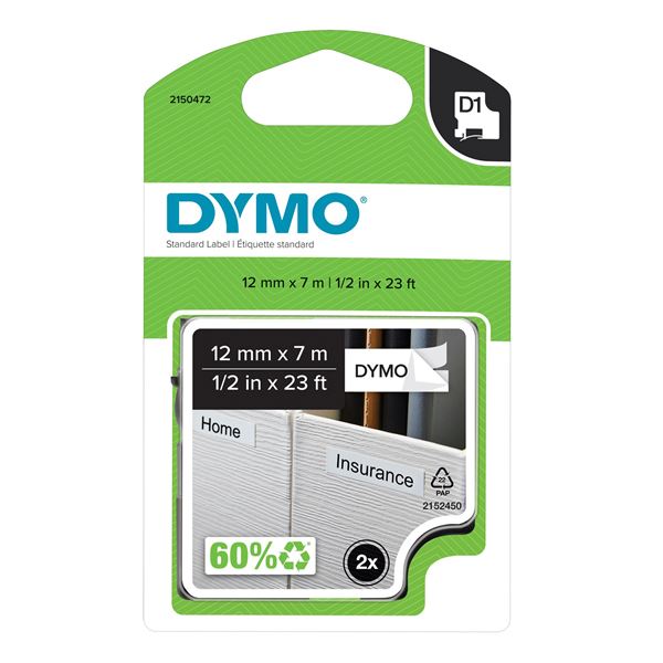 Dymo Tape D1 12MMX7M BLK/WHT 2PK