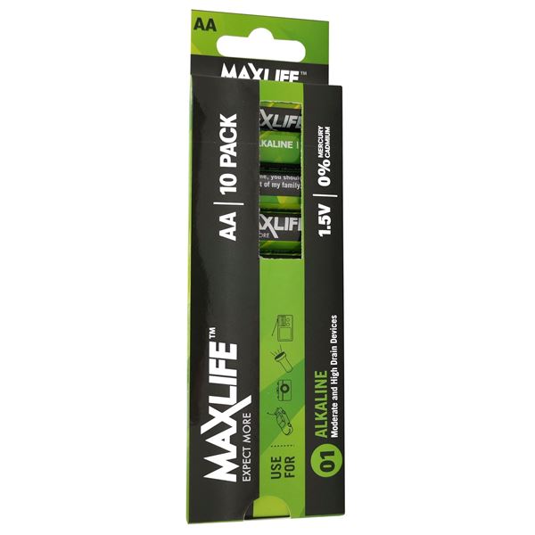 MAXLIFE AA  Alkaline Battery 10 Pack Long Lasting Alkaline Formula. Designed For Everyday and High Drainage Devices. Long Shelf Life. No Mercury or Cadmium.