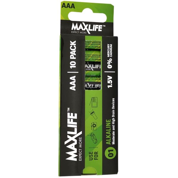 MAXLIFE AA A  Alkaline Battery 10 Pack Long Lasting Alkaline Formula. Designed For Everyday and High Drainage Devices. Long Shelf Life. No Mercury or Cadmium.