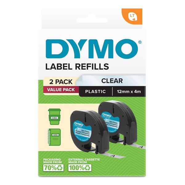Dymo LetraTag Plastic Tape 12mm x 4M Clear 2-Pack