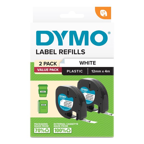 Dymo LetraTag Plastic Tape 12mm x 4M White 2-Pack