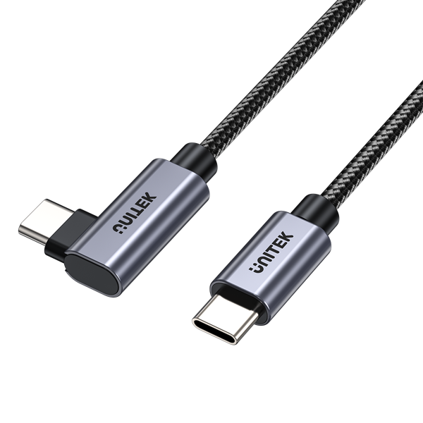 UNITEK 1m USB-C to Right Angled 90 Degree USB-C Connector. Supports 100W PD Fast Charging & USB PD3.0/ QC3.0. Supports 20/5A. Data Transfer Speed up to 480Mbps. Aluminium Alloy/Space Grey.