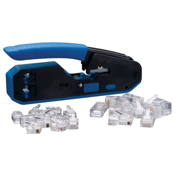 IDEAL INDUSTRIES Data and Voice Modular Plug Crimp Tool Kit. Includes 10x RJ-11 6P6C and 10x RJ-45 (8P8C CAT5e) Plugs.