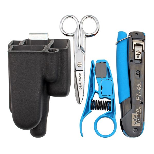 IDEAL INDUSTRIES Push Through RJ45 Installation Kit for Cat5e, Cat6 and Cat6A Modular Plugs. Includes Crimp Tool, Stripper and Pouch with Clip.