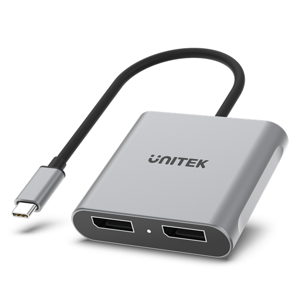 UNITEK USB-C to Dual DisplayPort 8K Adapter with MST. Supports 8K@60Hz or 4K@120Hz HDCP 2.2. Bus-powered. Plug & Play. Supports Screen Mirroring & Extending on Windows OS.