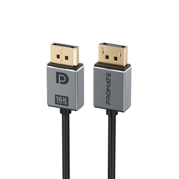 PROMATE 2m 2.0 DisplayPort Cable. Supports HD up to 16K@60Hz. Supports 80Gbps Data Transfer Speeds. Built-in Secure Clip Lock. Supports Dynamic HDR & 3D Video. Black Cable with Grey Connectors.