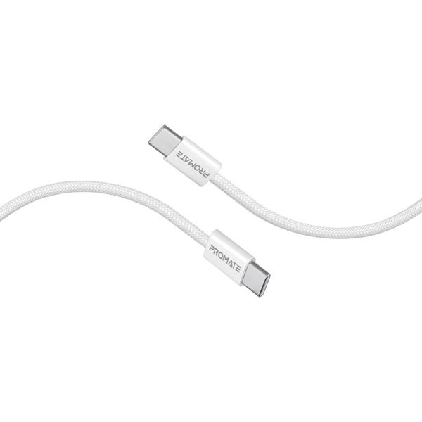 PROMATE 1.2m USB-C to USB-C Cable with Fabric Braided Cable. Supports 60W PD. 25000+ Bend Lifespan. Supports Data & Charge. Super Slim Connectors. White Colour