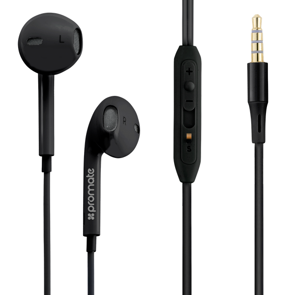 PROMATE Lightweight High- Performance Stereo Earbuds with In-Line Mic and Universal Volume Control. Colour Black