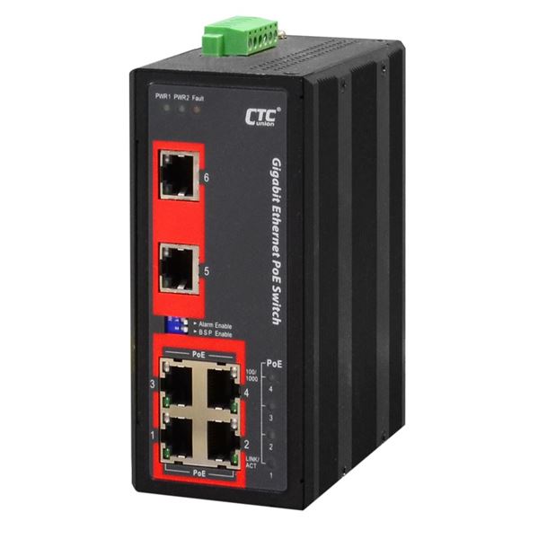 CTC UNION 6 Port Gigabit Unmanaged PoE Switch.  -10C~60C. 6x 10/100/1000Base-T(X). 4x PoE+ ports. Power budget 120W. Power consumption V DC/W: 24/142.9, 48/139.6. Dinmount kit  included.
