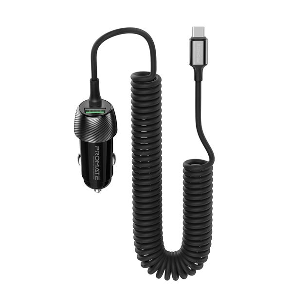 PROMATE 33W Car Charger with USB-C Cable. Output USB-A and USB-C. Qualcomm 3.0 18W Quick Charge. Over Charging and Short Circuit Protection. Compatible with all USB Chargeable Devices