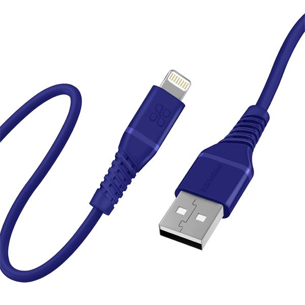 PROMATE 1.2m MFI Certified USB-A to Lightning Data & Charge Cable. Data Transfer Rate 480Mbps. Total Current 2.4A. Durable Soft Silicon Cable. Tangle Resistant 25000 Bend Lifespan. Blue