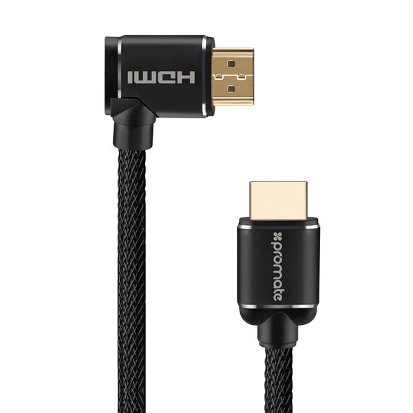 PROMATE 5m 4K HDMI right angle Cable. 24K Gold plated. High-speed Ethernet. 3D support. Mesh braided cable. Long bend lifespan. Max Res: 4K@60Hz (4096X2160). Colour black.