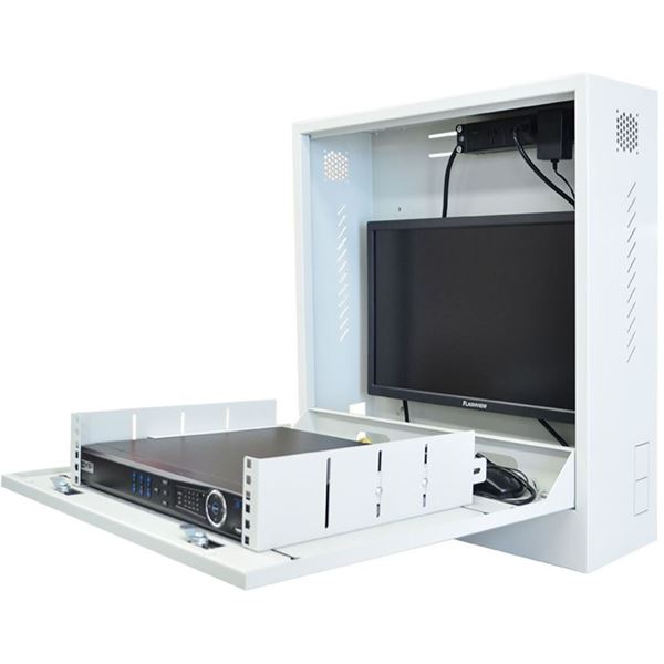 DATATEK Dual Lock Security Cabinet with 5 Outlet PDU & 2x Cooling Fans Supports up to 24 Inch Monitor & 2RU Equipment. Weight Cap up to 30Kgs, PDU Included, 2x Keys Included, Wall Mount. White Colour.