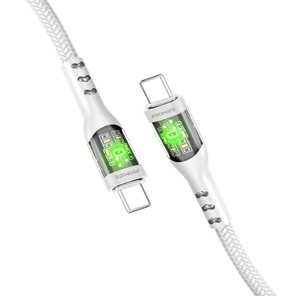 PROMATE 1.2m USB-C to USB-C Cable with Transparent Connectors & LED''s Supports 60W PD. 25000+ Bend Lifespan. Supports Data & Charge. Gold Plated Connectors. Durable Nylon Braided Cable. White Colour.