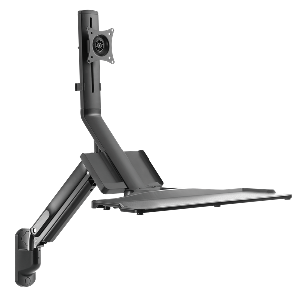 BRATECK 17-32" Wall Mount Single Monitor Gas Spring Sit-Stand Workstation. Folding Keyboard Tray. Counter-Balance Gas Spring. Integrated Ball-Joint. 2nd Storage Tray. Easy Height Adjust.
