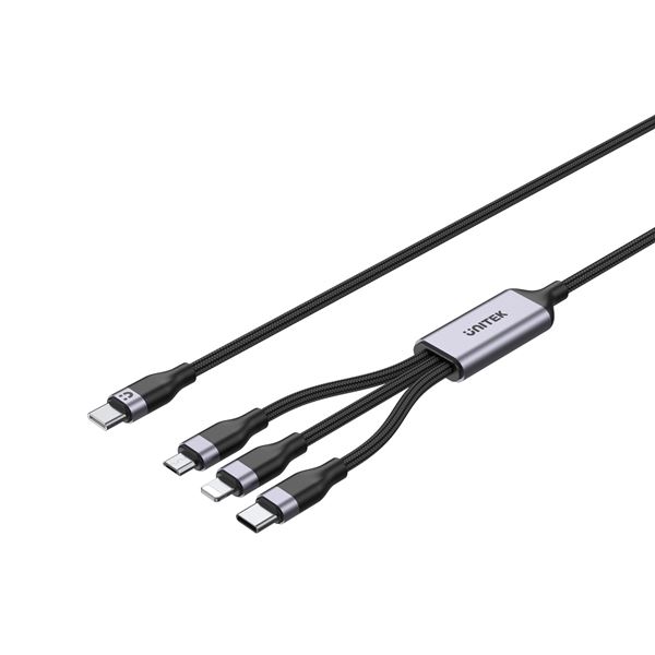 UNITEK 1.5m 20W 3in1 USB-C Data & Charge Cable with USB-C, Lightning, & Micro USB Connectors. Multi Charge 3 Devices Simultaneously. Nylon Braided. Tinned Copper Connectors. Black Colour