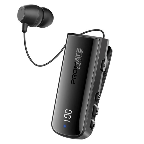PROMATE Mono Bluetooth Earphone with Dynamic HD Sound & Built-in Mic Retractable Earphone, Vibrating Alerts, IPX7 Waterproof, 22Hrs Playtime, Volume Control, Noise Reduction, Crystal Clear Calls.