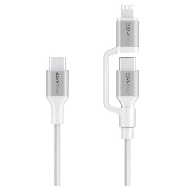PROMATE 1.2m 60w MFi Certified 2-in-1 USB-C Sync & Charge Cable. Includes 1x USB-C and 1x Lightning Connectors. USB-C to Lightning 27w, USB-C to USB-C 60w, White Colour