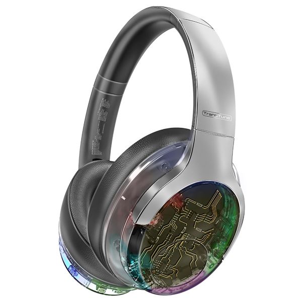 PROMATE HiFi Stereo Wireless Bluetooth Active Noice Cancelling Headphones with RGB Lighting. Flip & Fold Design. Up to 40Hrs Play Back. Inline Controls Touch Buttons. Silver Colour.