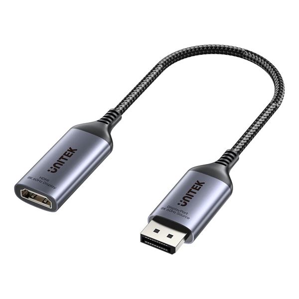UNITEK 20cm 8K 60Hz DisplayPort 1.4 to HDMI 2.1 Adpater Cable. Supports 8K Ultra HD Resolution (7680x4320), Plug & Play, Uni-directional Only (DP to HDMI), Nylon Braided Cable.