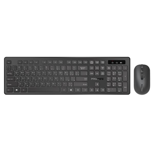 PROMATE Super Slim Wireless Keyboard & Mouse Combo. Ergonomic Ambidextrous Mouse, 1600dpi, Angled Kickstand, Wireless 10m Range, Smart Nano Reciever Included, Quiet Keys. Black