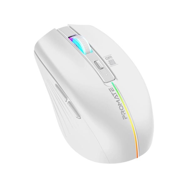 PROMATE Ergonomic Wireless Optical Mouse with LED Rainbow Lights & 500mAh Rechargable Battery. 10m Range. Plug & Play. Supports 800/1200/1600 DPI High Precision. Amidextrous Design. White Colour.