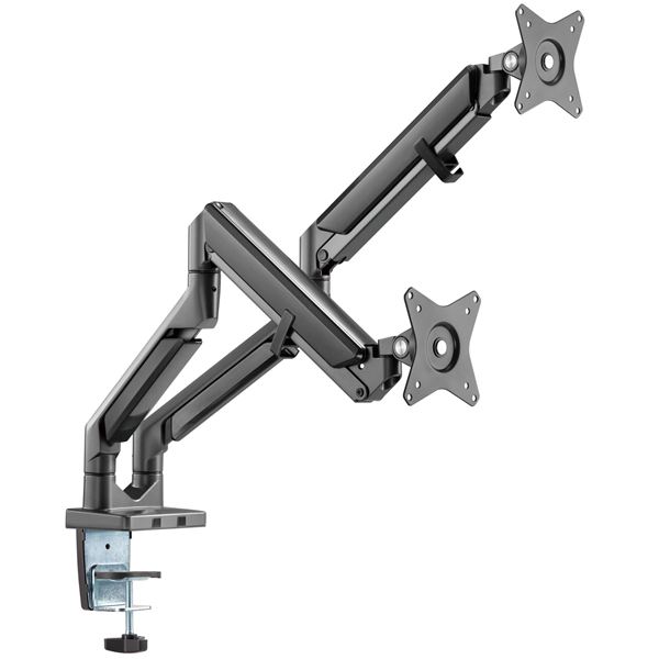 BRATECK 17''-32'' Polished Aluminium Gas-Spring Desk Mount Duel Monitor Arm. Supports VESA up to 100x100. Extend, Tilt and Swivel. Detachable VESA Plate. Max Arm Extn - 506mm. Space Grey Color.